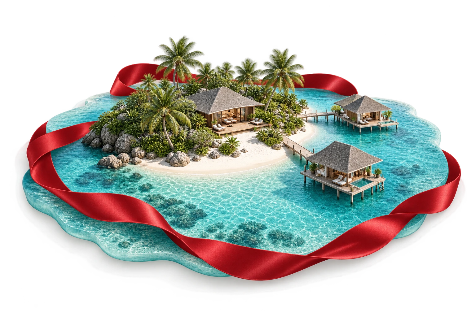 A sculptural island escape with palms and a red Orbit ribbon