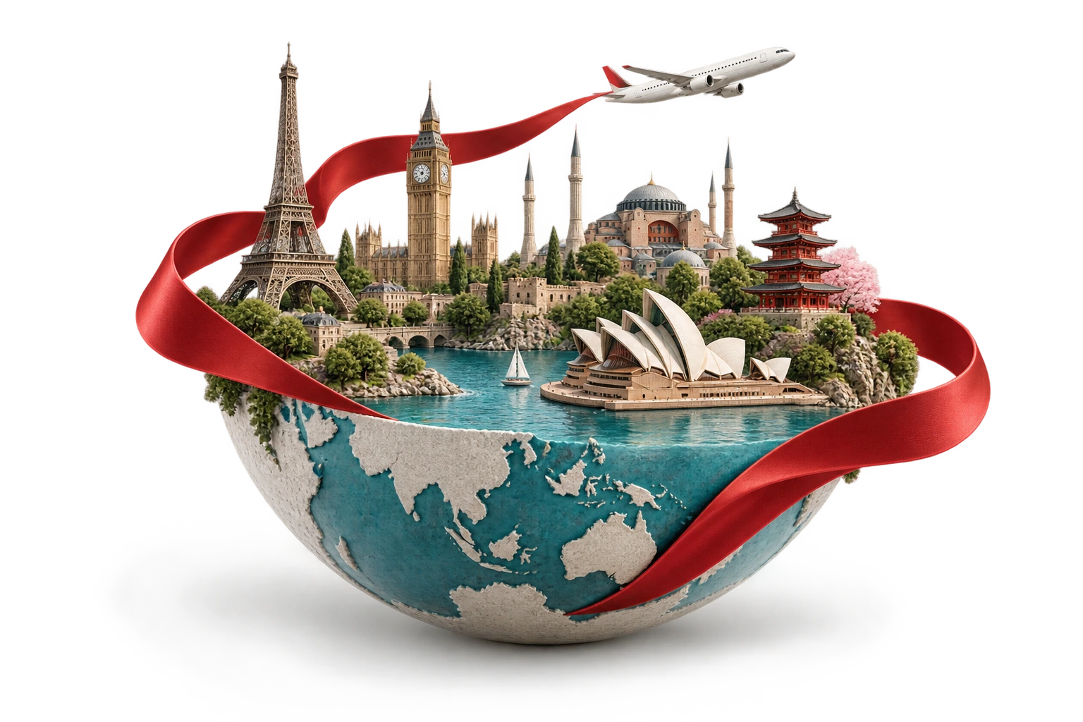 Sculptural world landmarks connected by a red Orbit travel ribbon
