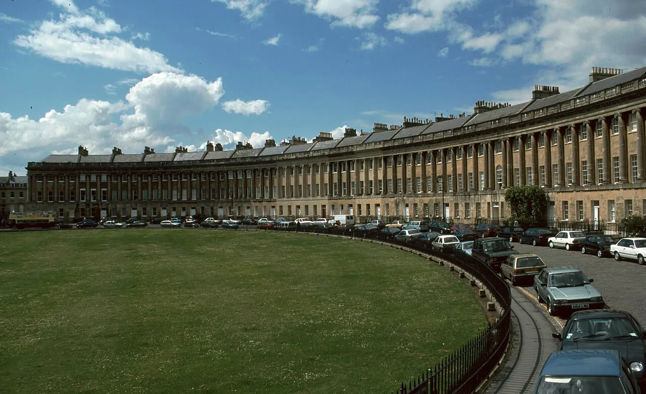 The Royal Crescent viewed from the east in Bath, England