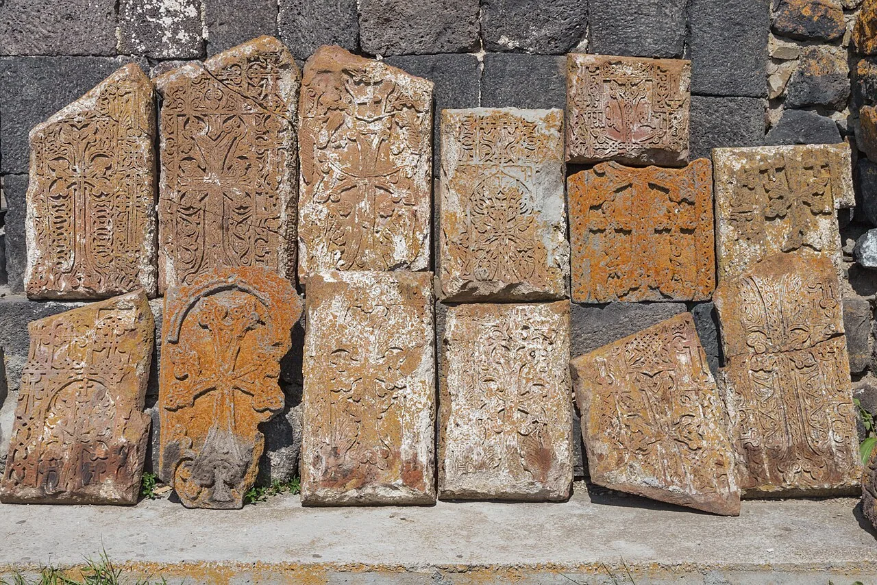 Carved khachkar cross-stones at Sevanavank Monastery, Armenia