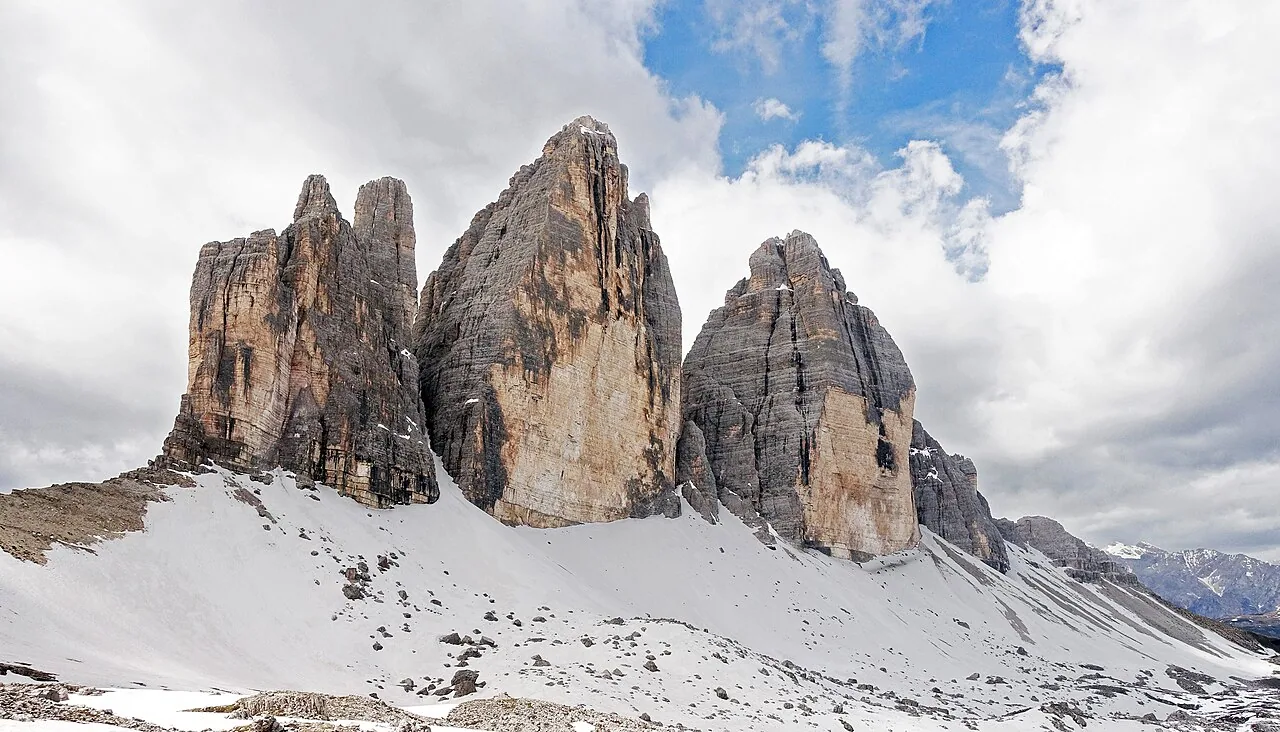 The dramatic Tre Cime di Lavaredo peaks in the Dolomites
