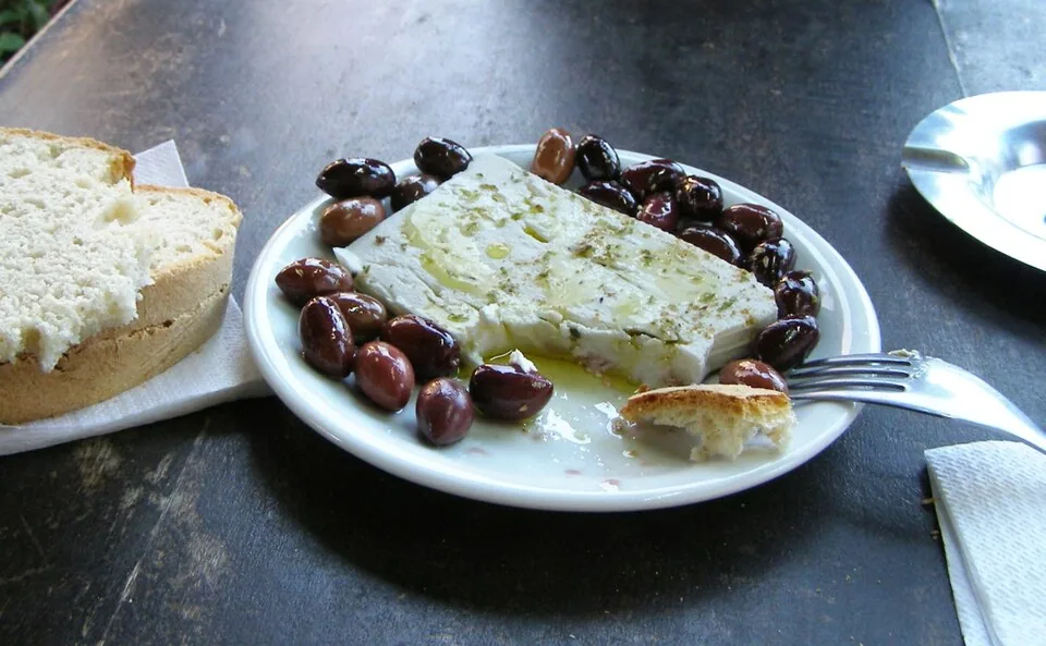 Sheep’s cheese and olives served as meze