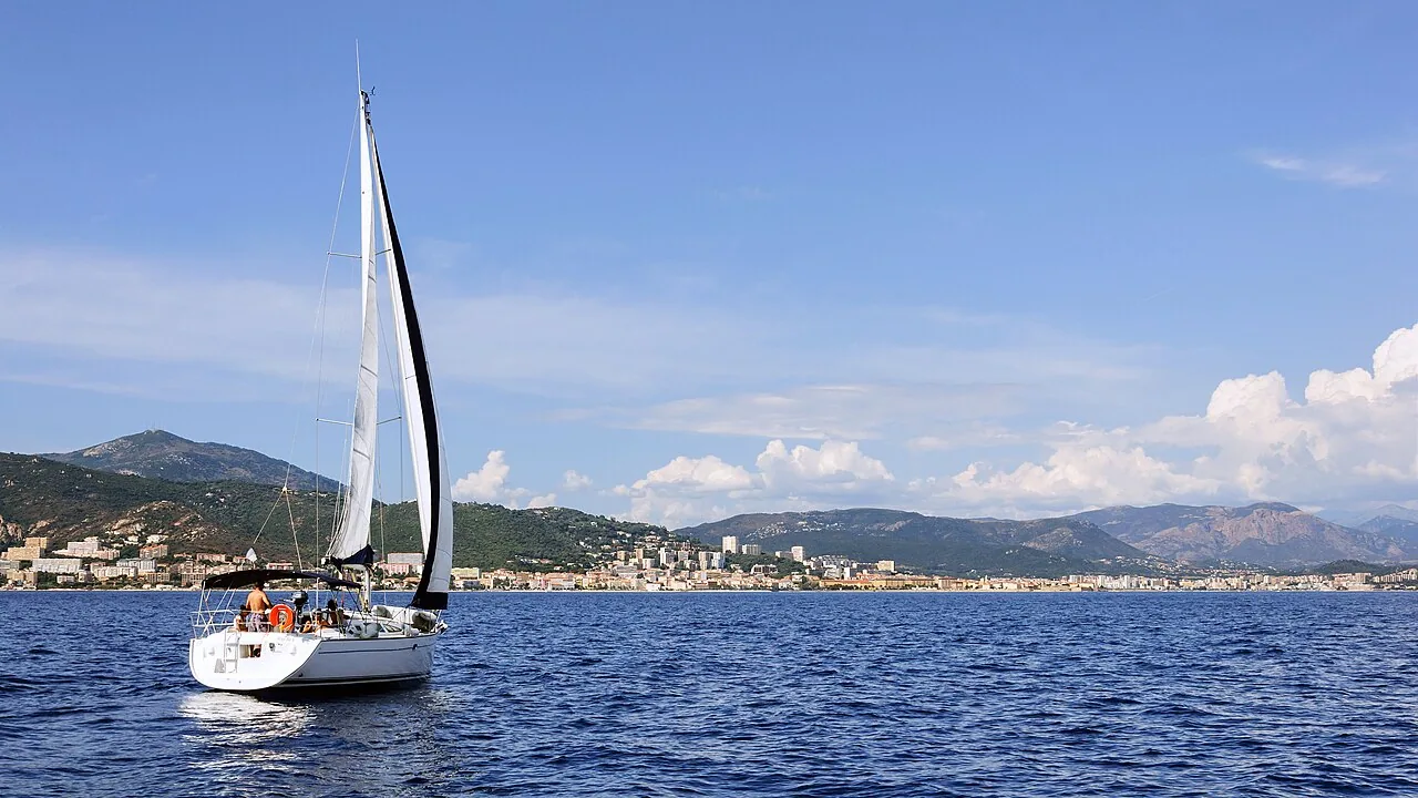 Jeanneau Sun Odyssey 35 yacht sailing in the Bay of Ajaccio, Corsica, France