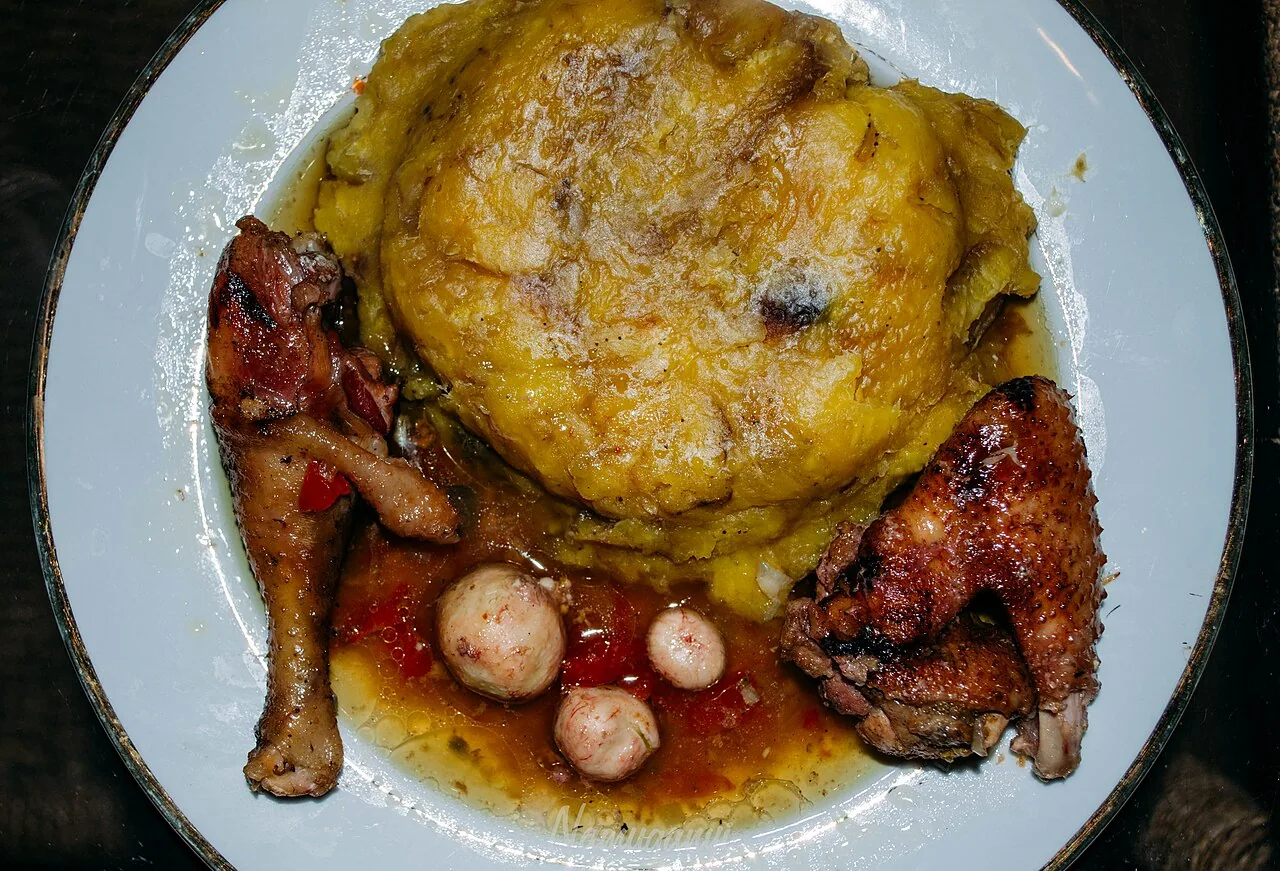 Matoke served with chicken luwombo in Uganda