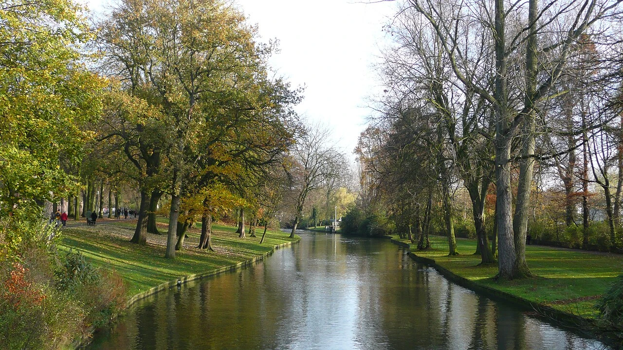 Historic buildings beside a canal in Bruges, Belgium