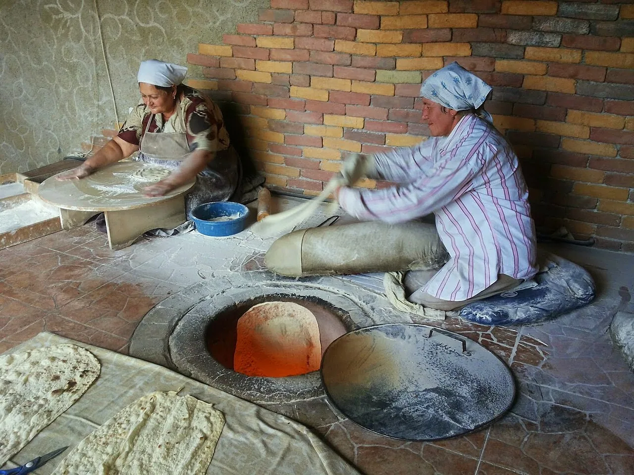 Preparing lavash in a bakery in Yerevan, Armenia