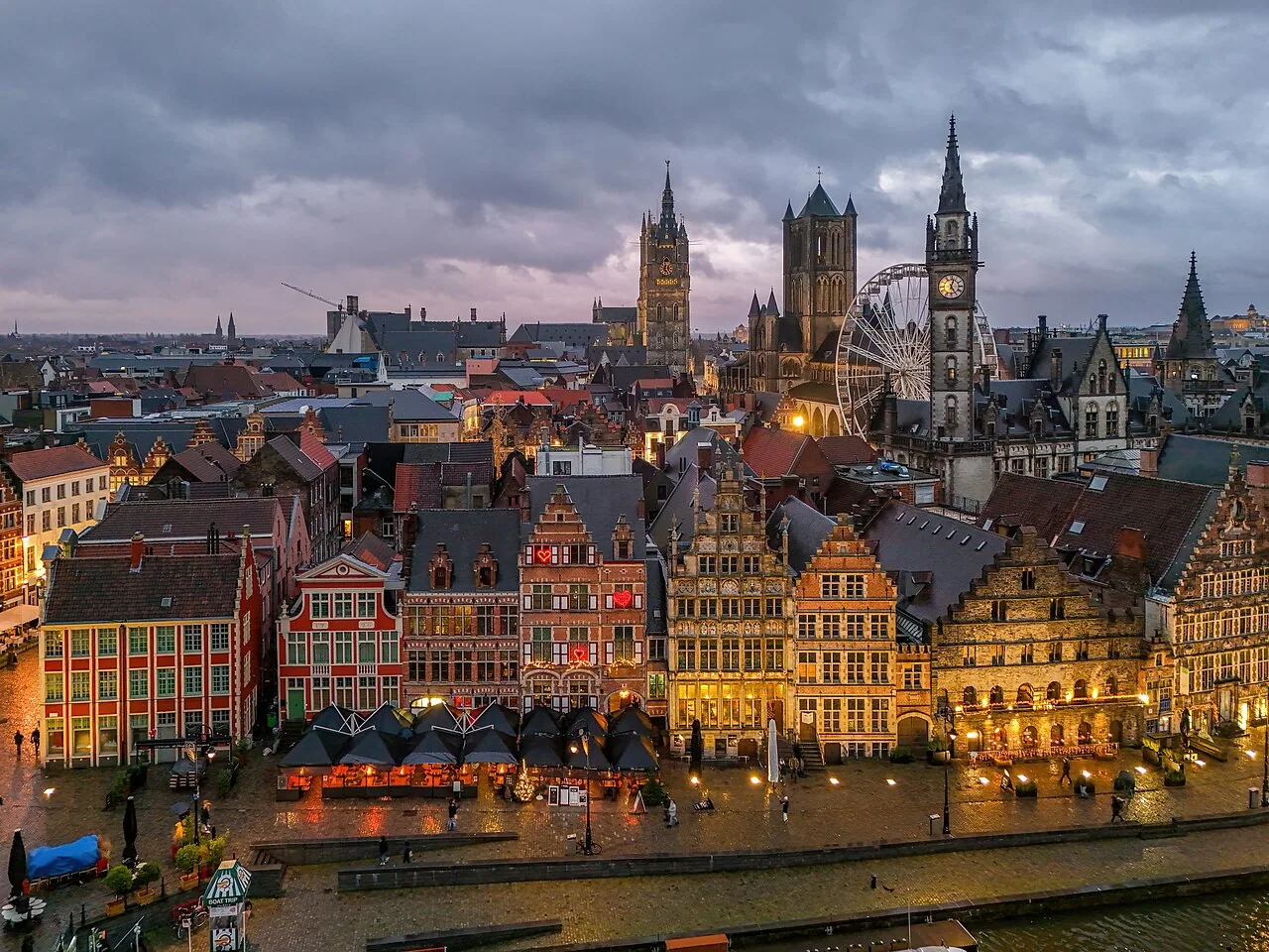 Graslei waterfront and historic towers in Ghent, Belgium