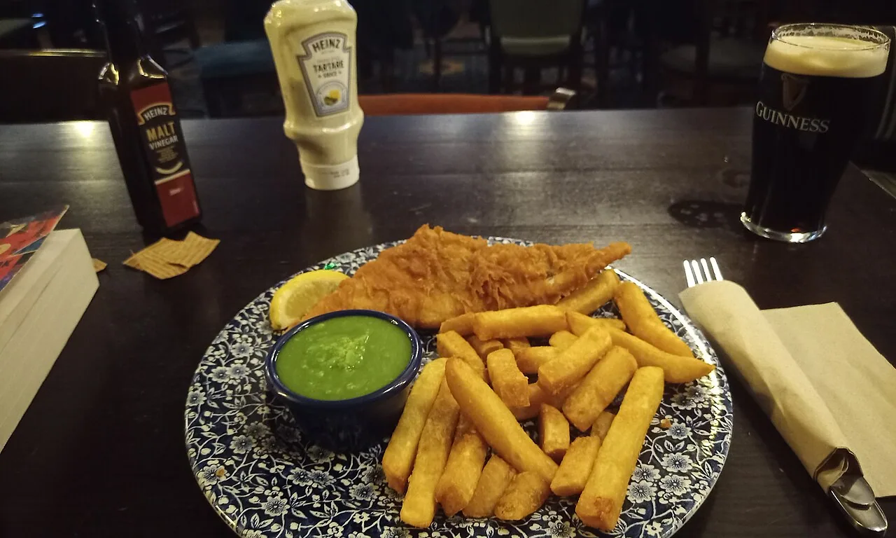 Fish and chips served at the Broken Bridge in Pontefract, England