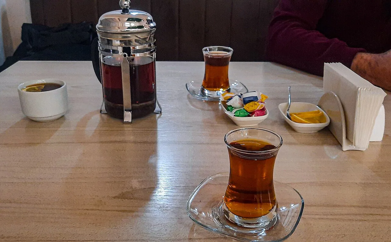 Tea served in pear-shaped armudu glasses in Baku, Azerbaijan