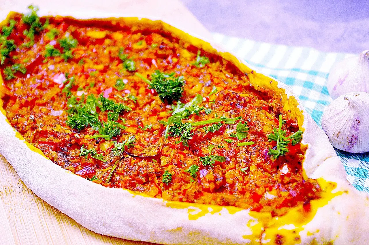 Turkish pide topped with soy mince and peppers