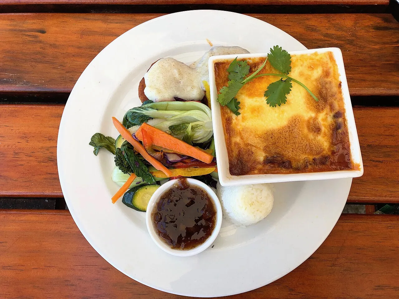 Bobotie, a spiced Cape dish with a baked egg topping