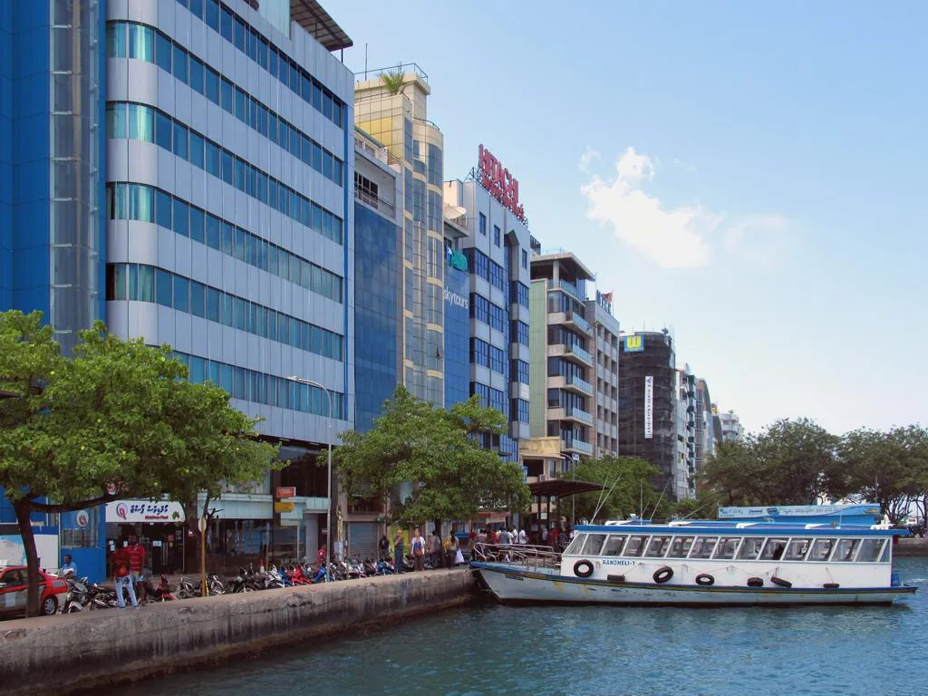 The waterfront of Malé, with hotels, banks and office buildings