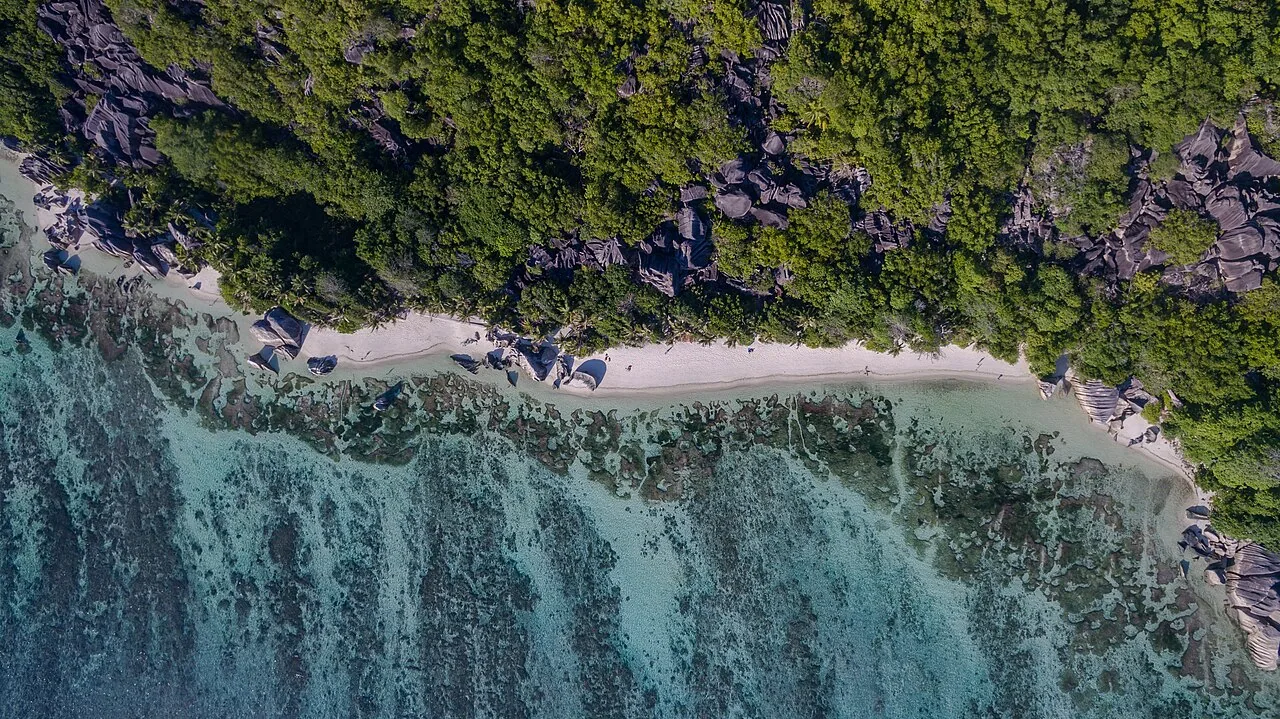 Aerial view of Anse Source d’Argent beach in the Seychelles
