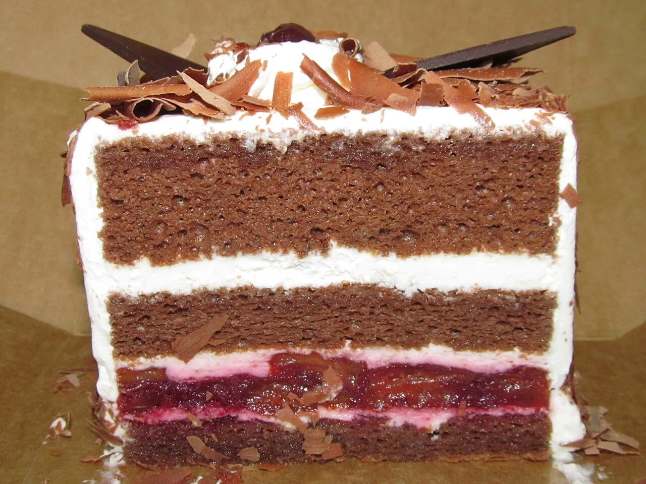 Black Forest cake with chocolate, cherries and cream