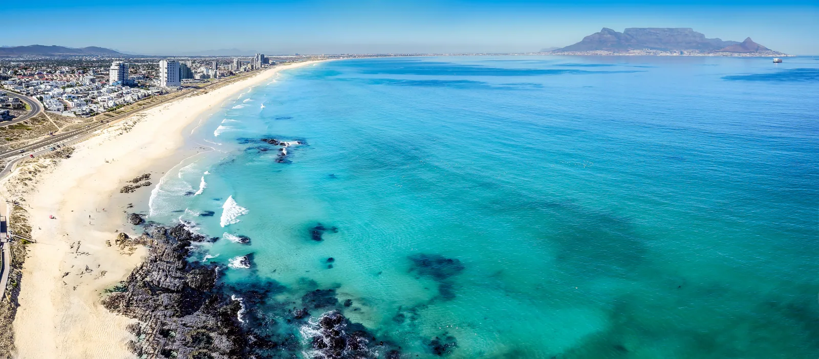 Bloubergstrand coastline, Cape Town, South Africa, with Table Mountain across Table Bay