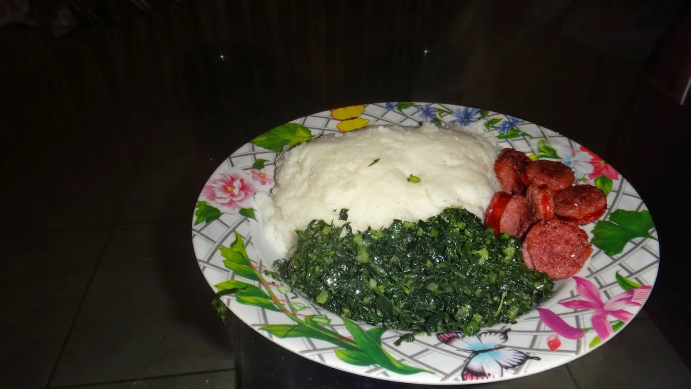 Sadza with greens and sausages, Zimbabwe