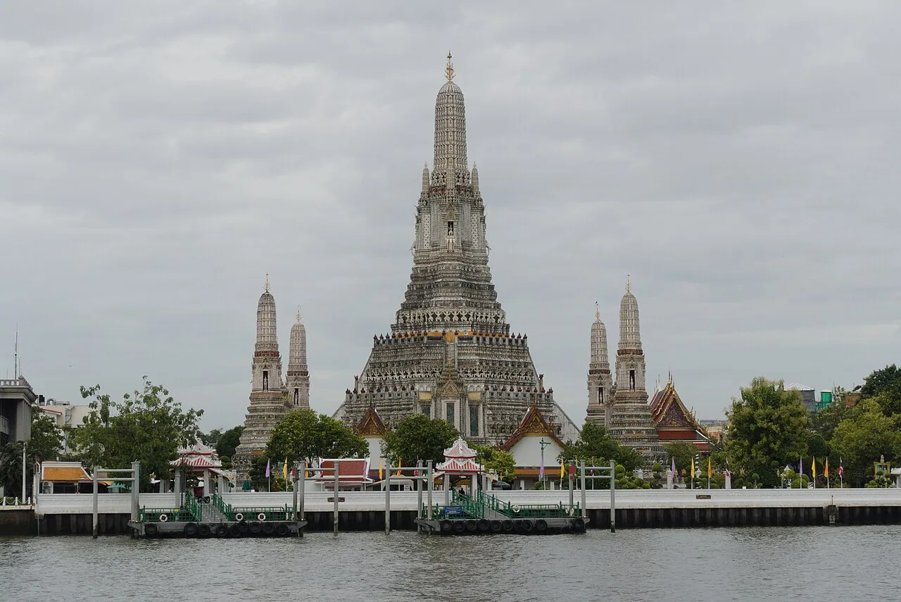 Wat Arun viewed directly across the Chao Phraya River in Bangkok on a September morning